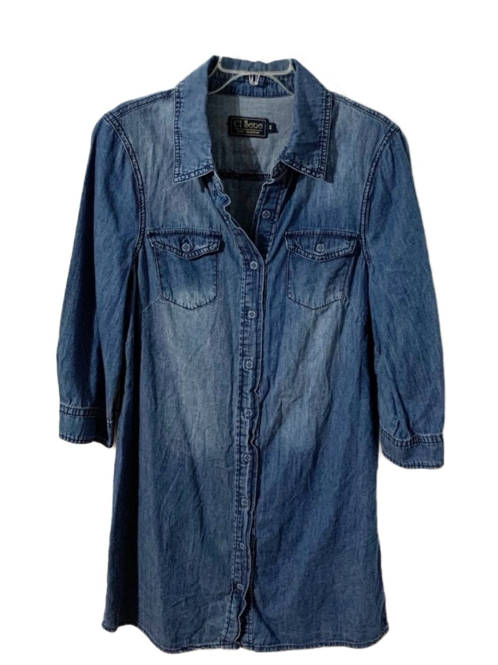 Vi Sono Darker Wash Denim Jean Shirt Dress Button Pointed Front Collar Distress